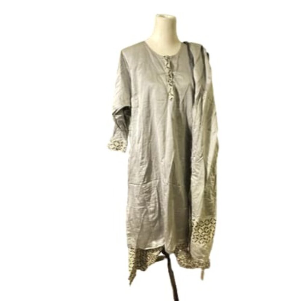 Silver silk salwar kameez with print Indian pakistani